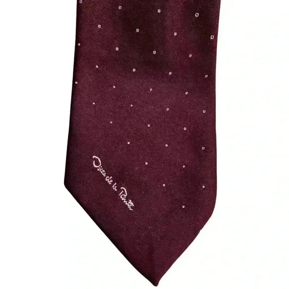 Vintage Oscar de la Renta Necktie Tie Maroon Dotted Logo Embroidery #173 - Picture 5 of 5